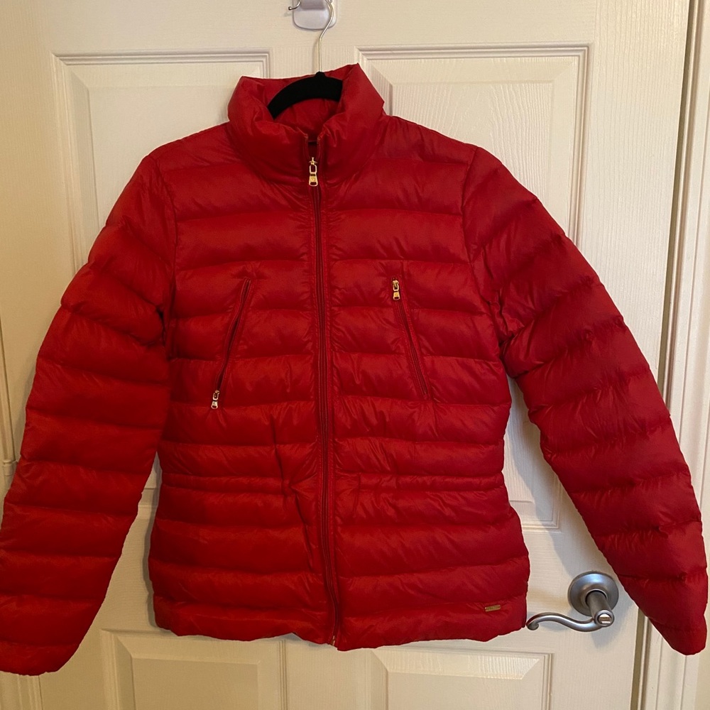 Red puffer jacket